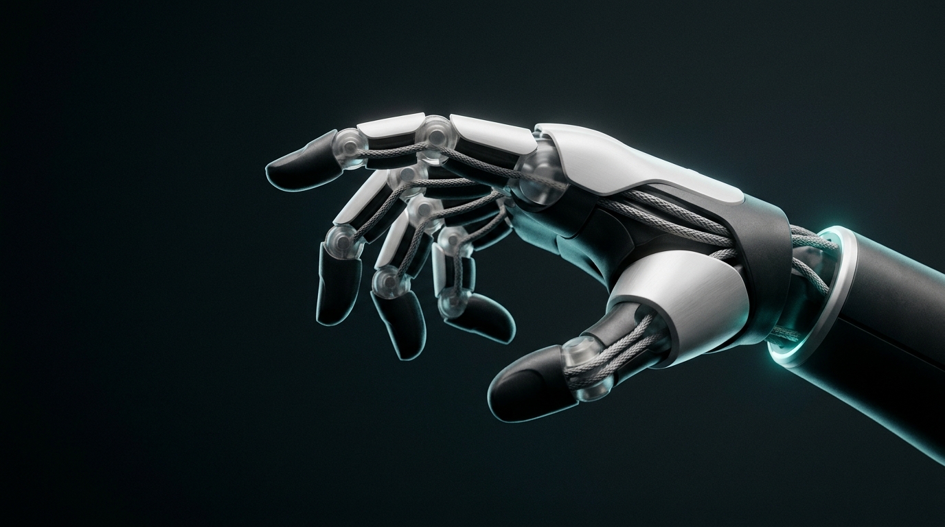 A human-scale robotic hand emerging from darkness.